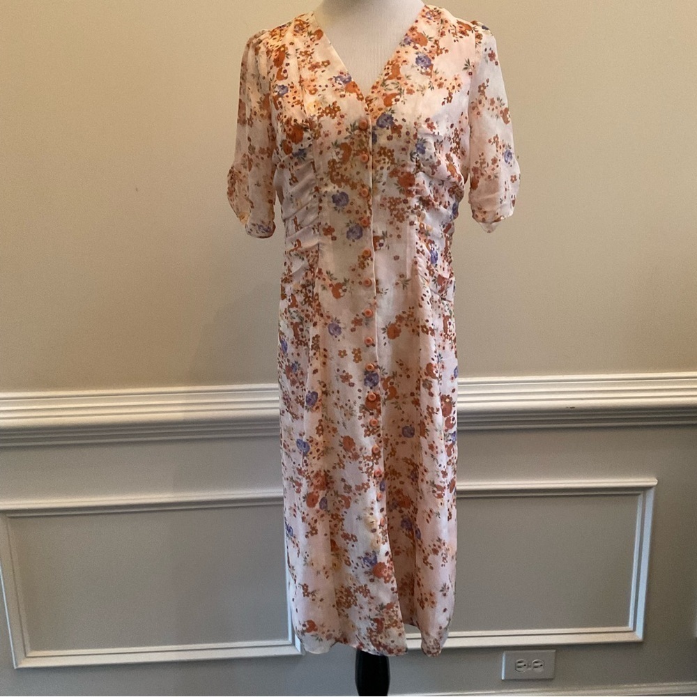 Sundance Sonora Bloom Peach Floral Midi Dress 100% Silk Ruched Women's Size 8
